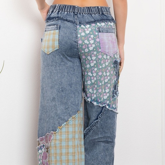 🌟SALE 054 BlueVelvet Star Patchwork Chambray Pants FIRM - Picture 6 of 11